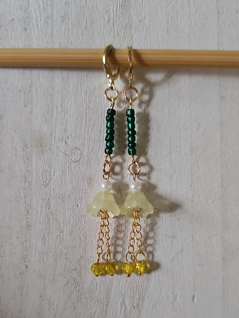 Green and Pale Yellow Floral Drop Earrings